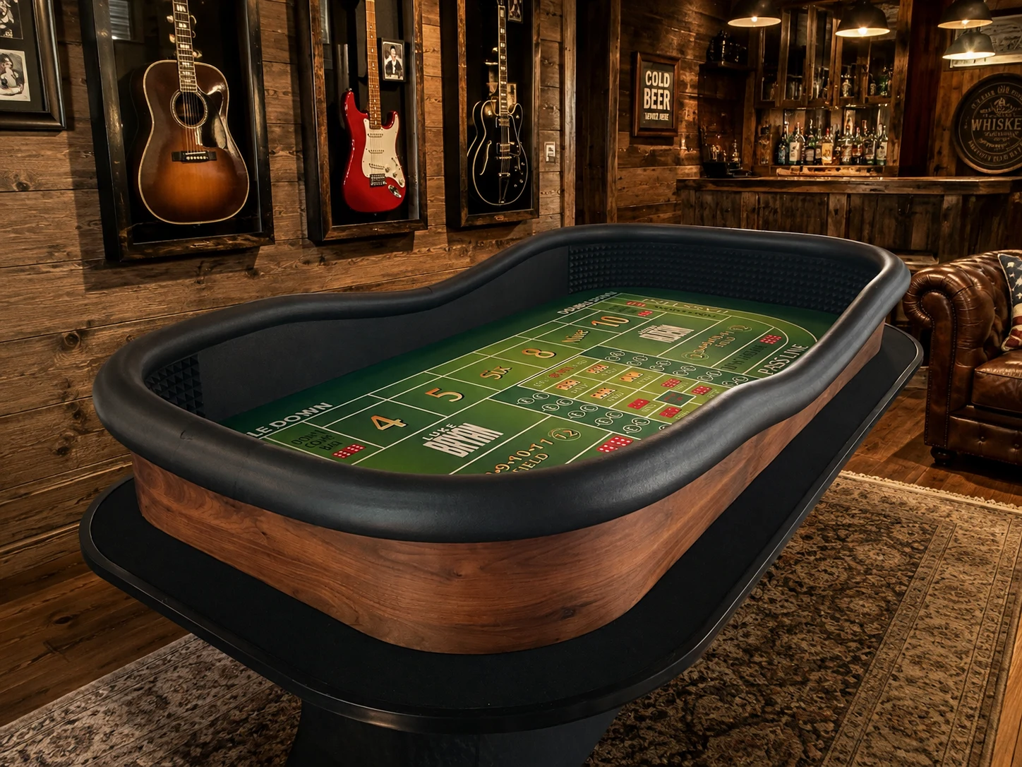 Personalized craps table with a custom name in the felt, built by the shop